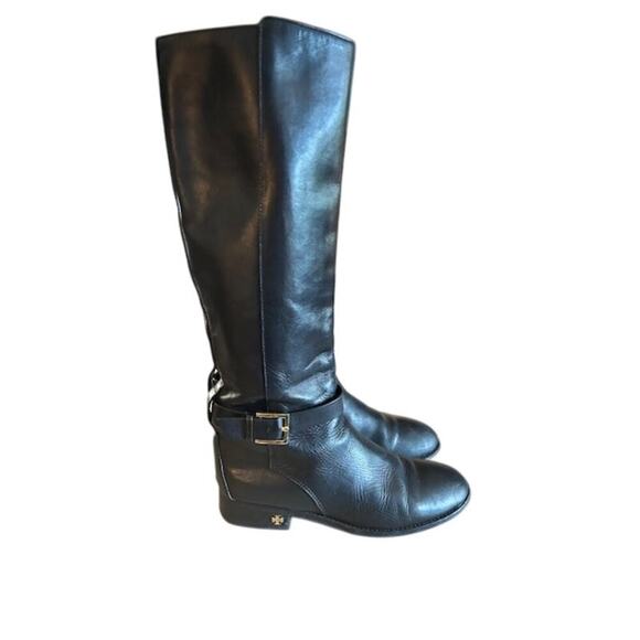 Tory Burch Black Leather Riding Boots Women’s 7M  Gold Buckle & Logo Detail - Picture 6 of 11
